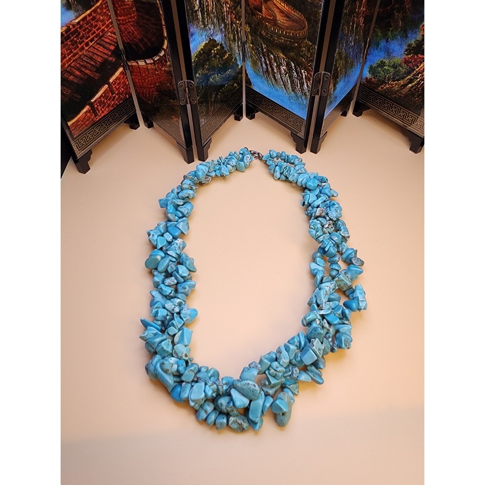 Vintage TURQUOISE Chip Necklace Chunky‎ Strand Knotted Bead 20" FREE $HIPPING!!